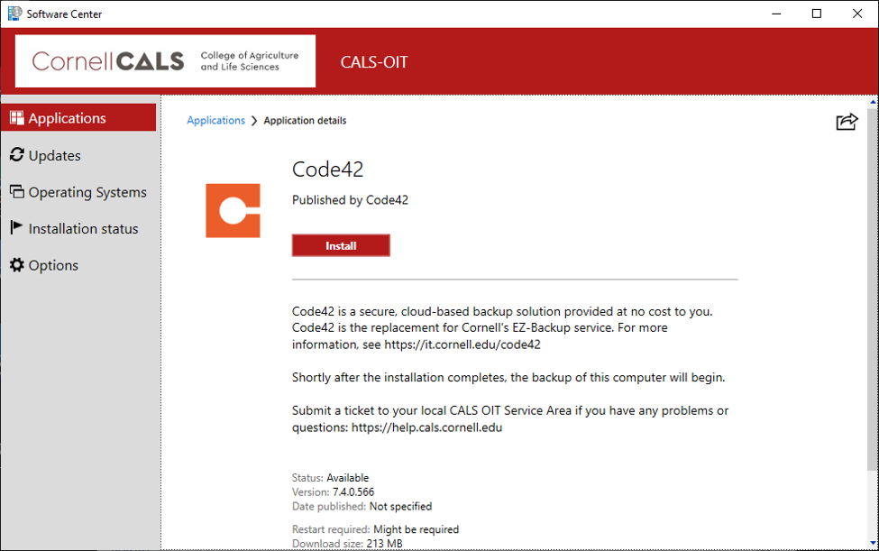 Windows 10软件中心的屏幕截图 -  Code42安装。