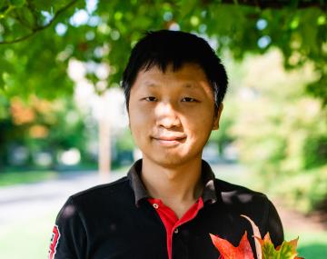 站立外面的一个人在拿着各种各样的色的叶子的树下